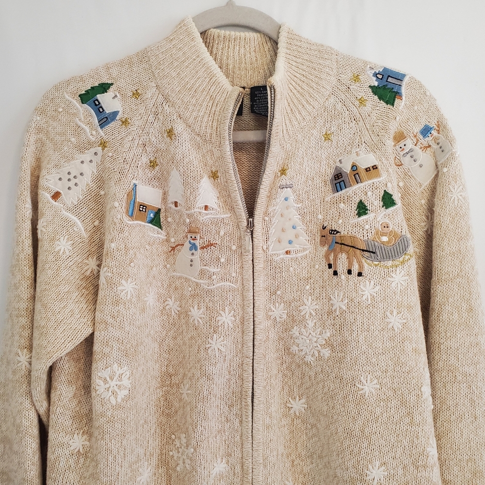 ERIKA Women's Size L Tan embroidered zipper front Winter Wonderland sweater - Picture 6 of 8